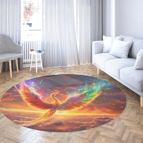 UERWOWELL Sunrise Landscape Runder Teppich 100cm Mysteriöser Vogel Phönix Muster Dünne Teppiche für Wohnzimmer Schlafzimmer Nachttisch waschbar rutschfest von UERWOWELL