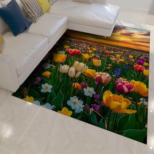 UERWOWELL Sunset Landscape Teppich Rutschfester waschbarer romantischer Tulpenfeld-Muster-Teppich mit niedrigem Flor 90x150cm für Schlafzimmer-Wohnzimmer-Eingangsbereich von UERWOWELL