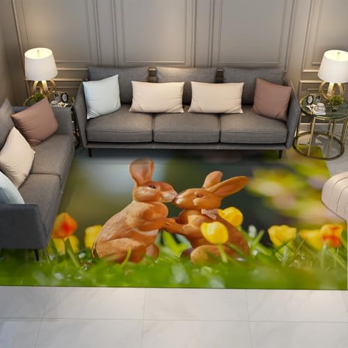 UERWOWELL Sweet Rabbit 140x200cm Area Teppich Herzerwärmender Stil Niedlicher Hase und Tulpen Muster Dünne Fußmatten für Kinderzimmer Schlafzimmer waschbar rutschfest von UERWOWELL