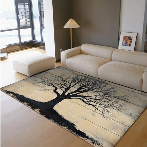 UERWOWELL Teppiche im Landhausstil Schwarz Einsamer Baum Silhouette Druck Indoor Outdoor Dünner Boden Teppich für Schlafzimmer Wohnzimmer Bauernhaus 200x300cm von UERWOWELL