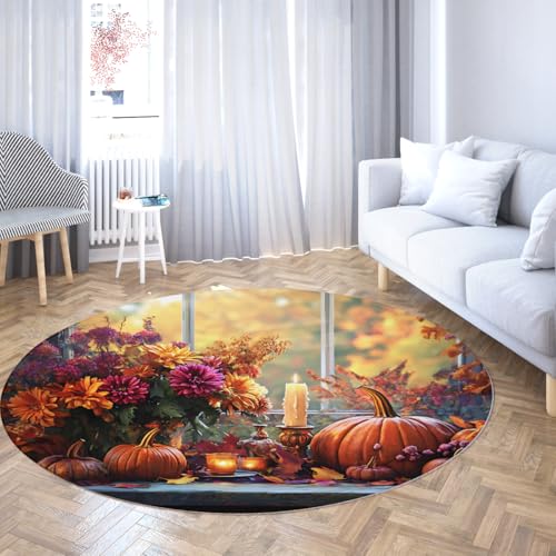 UERWOWELL Thanksgiving 150cm Runder Teppich Herbst Ernte Blumen Kürbisse Kerzen Muster Niedrige Flor Bodenmatte Waschbar für Wohn Esszimmer Küche von UERWOWELL
