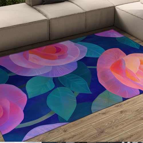 UERWOWELL Traumhafte Rosenteppiche Romantischer Farbverlauf Blumen- und Blattmuster Niederflor-Bodenmatte für Wohnzimmer Bar Café rutschfest waschbar 80x150cm von UERWOWELL