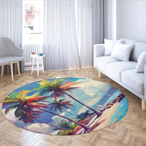UERWOWELL Tropical Island Beach Runder Teppich 90cm Palmen Ozean Landschaft Dünne Fußmatten für Wohnzimmer Schlafzimmer Urlaub Thema Wohnkultur von UERWOWELL