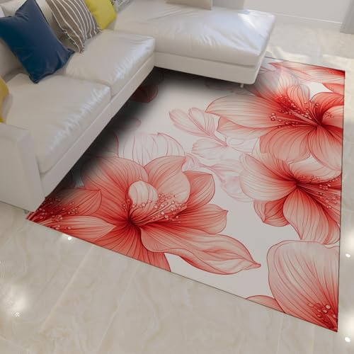 UERWOWELL Tropische Blumen Bereich Teppich Rosa und Rot Hibiskus Muster Dünne Fußmatten für Wohnzimmer Schlafzimmer Eingangsbereich rutschfeste Rückseite Waschbar 160x230cm von UERWOWELL