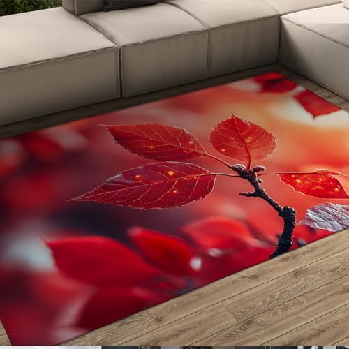 UERWOWELL Von der Natur inspirierte Design-Teppiche für den Bereich rutschfest Langlebige rote Blätter Nahaufnahme Laubdruck Flauschige Teppiche für die Einrichtung im Home-Office 160x200cm von UERWOWELL