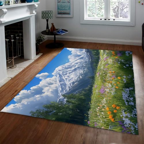 UERWOWELL Von der Natur inspirierte Soft-Touch-Teppiche Blooming Meadow Snow Mountain Pflegeleichte niederflorige Teppiche für den Wohn-/Waschkücheneingang 100x150cm von UERWOWELL