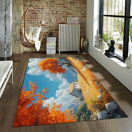 UERWOWELL Von der Natur inspirierter Herbstteppich mit goldenem Laub und Flauschigen Teppichen im Berghintergrund für die Wohnkultur auf dem Bauernhof 140x200cm von UERWOWELL