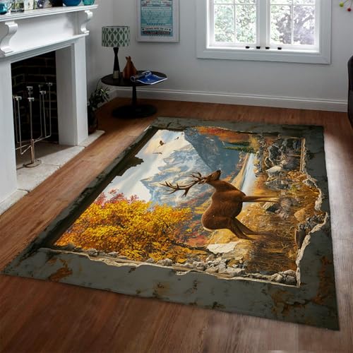 UERWOWELL Von der Natur inspiriertes Tiermuster Kuschelige Teppiche Jagdhütte Berg- und Flusslandschaft Bodenmatte Niedriger Flor Leicht zu reinigender Kleiner Eingangsteppich 80x150cm von UERWOWELL