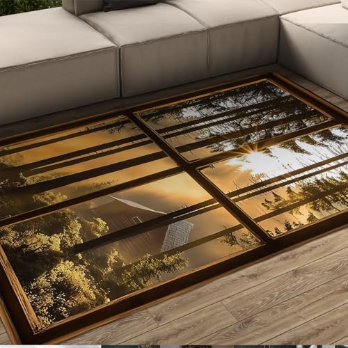 UERWOWELL Wald Fenster Blick Teppich mit Sonnenaufgang und Kabine Szene 3D Visuelle Natur Landschaft Teppich für Wohnzimmer, Schlafzimmer oder Arbeitszimmer 140x200cm von UERWOWELL