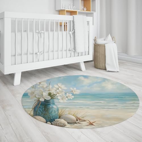 UERWOWELL Weiße Blüten Runde Teppiche rutschfest Dünnes blaues Glas Seestern Muscheln Seegras Strand Landschaft Boden Teppich für Strandhaus 100cm UERWOWELL Weiße Blüten Runde Teppiche rutschfest Dünnes blaues Glas Seestern Muscheln Seegras Strand Landschaft Boden Teppich für Strandhaus 100cm von UERWOWELL