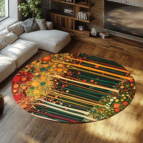 UERWOWELL Wildblumen Großer runder Teppich 90cm Mysteriöse Waldlandschaft Druck Niederflor Fußmatten für Wohnzimmer Arbeitszimmer Schlafzimmer Flur Waschbar von UERWOWELL