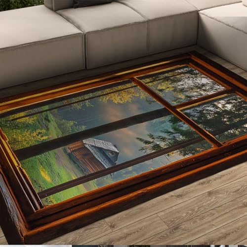 UERWOWELL Woodland Cabin Teppich Realistisches Fenster Waldszene Design Teppich für gemütliche Häuser im Landhausstil für entspannende und Meditative Räume 150x200cm von UERWOWELL