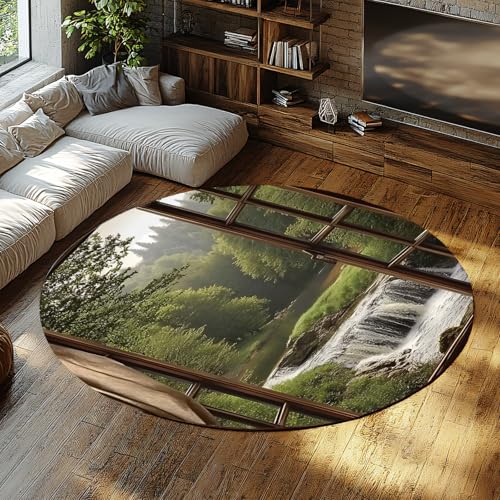 UERWOWELL grüner Wald waschbare runde teppiche fluss Wasserfall Blick vor dem Fenster dünne bodenmatte für Wohnzimmer Schlafzimmer Balkon Restaurant 140cm von UERWOWELL