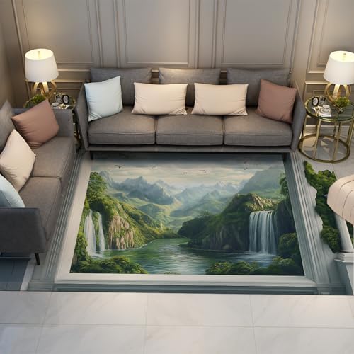 Von der Natur inspirierte Design-Teppiche mit grüner Berg- und Flusslandschaft Leicht zu reinigende, weiche, Bequeme Teppiche für das Home Office 90x120cm von UERWOWELL