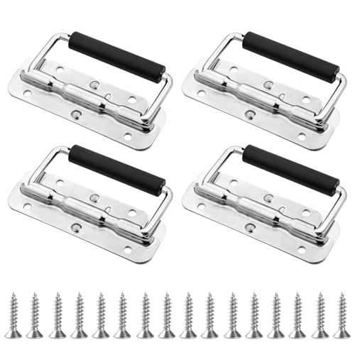 UESDU 4 Stück Klappgriff, Gefedert Kistengriff mit 16 Schrauben Edelstahl Tragegriff 110mm Klappgriffe mit Gummigriff für Kisten, Toolbox, Tür, Aufbewahrungsbox (Silber) von UESDU