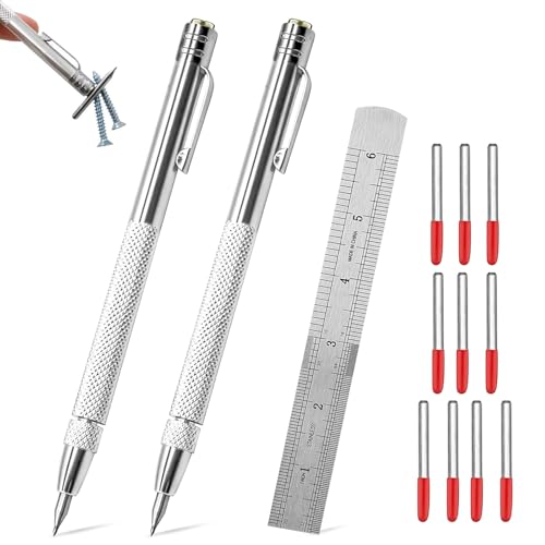 UESDU Anreissnadel Set, 2 Stück Wolframcarbid Stift mit 10 Stück Reißnadel Metall Ersatzspitzen und Stahllineal Anreißnadel Anreißwerkzeug für Glas, Keramik und Gehärteten von UESDU