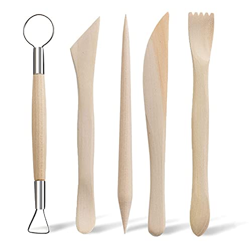 UESDU Töpferzubehörs Set Modellierwerkzeug Skulptur Ton Schnitzwerkzeug 5 Stück Ton Werkzeug Set Holz Clay Tools Set für Anfänger Profis und Künstler von UESDU