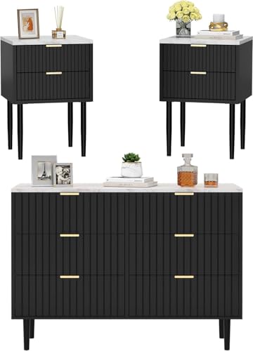 UEV 3er-Set Schlafzimmermöbel, Kommode mit 6 Schubladen und 2er-Set Nachttisch, Schlafzimmermöbel-Set in Marmor Optik, für Wohnzimmer, Schlafzimmer, skandinavisch, Schwarz von UEV