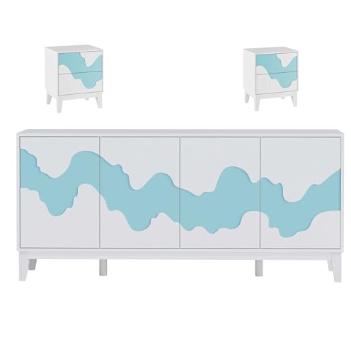 UEV 3er-Set Schlafzimmermöbel, Schlafzimmer Komplett-Set, Kommode mit 2Türen und 2er-Set Nachttisch, mit unregelmäßigem Wellenmuster für Wohnzimmer Schlafzimmer weiß und blau von UEV