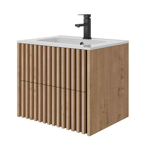 UEV Badezimmermöbel 60 cm, Hängeschrank mit Waschbecken aus Keramik, zwei Schubladen mit großem Stauraum, versteckter Griff, Linienmotiv, 60 x 45 x 50 cm, Natur von UEV