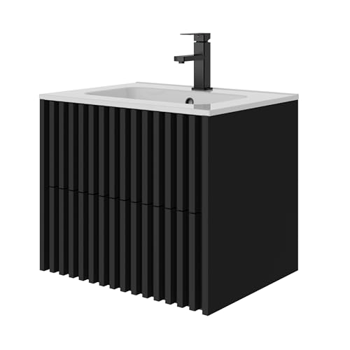 UEV Waschtisch mit Unterschrank, Waschbeckenunterschrank 60cm hängend, Schubladen mit Soft-Close-System, Waschplatz, Keramik Waschbecken, Badezimmmer Möbel für Gäste WC, Badmöbel Set, Schwarz von UEV