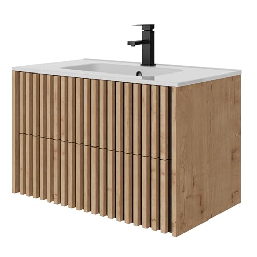UEV Waschtisch mit Unterschrank, Waschbeckenunterschrank 80cm hängend, Schubladen mit Soft-Close-System, Waschplatz, Keramik Waschbecken, Badezimmmer Möbel für Gäste WC, Badmöbel Set, Natur von UEV