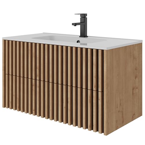UEV Badmöbel 90 cm, Hängeschrank mit Waschbecken aus Keramik, zwei Schubladen mit großem Stauraum, versteckter Griff, Linienmotiv, 90 x 45 x 50 cm, Natur von UEV