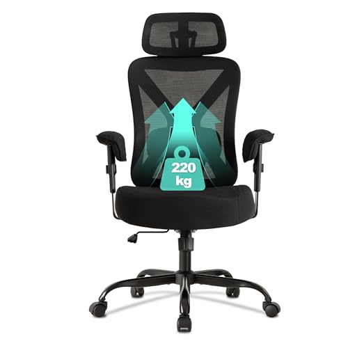 UEV Bürostuhl Ergonomisch bis 220KG, Wippfunktion,Schreibtischstuhl mit Armlehnen/Kopfstütze höhenverstellbarer Arbeitsstuhl, Drehstuhl mit Netzbespannung, atmungsaktiv Mesh Stoff, schwarz UEV Bürostuhl Ergonomisch bis 220KG, Wippfunktion,Schreibtischstuhl mit Armlehnen/Kopfstütze höhenverstellbarer Arbeitsstuhl, Drehstuhl mit Netzbespannung, atmungsaktiv Mesh Stoff, schwarz von UEV