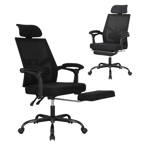UEV Bürostuhl Ergonomisch mit verstellbare Fuß-/Lenden-/Kopfstütze, Schreibtischstuhl Drehstuhl Gaming Stuhl atmungsaktiv Mesh Stoff, höhenverstellbar neigbar bis 135° Schwarz von UEV