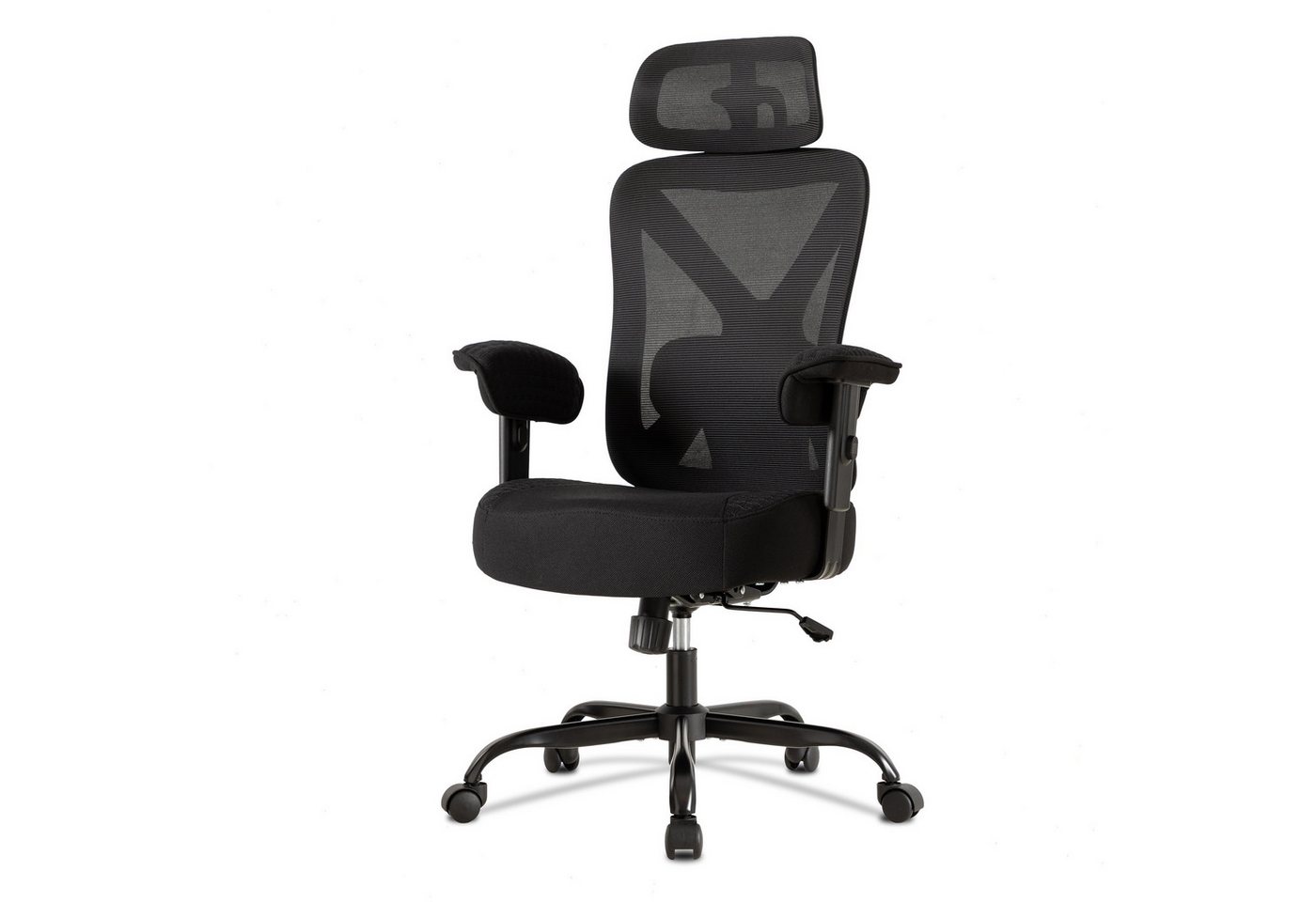 UEV Bürostuhl UEV Bürostuhl Ergonomisch Schwarz/Beige (Wippfunktion,Schreibtischstuhl mit Armlehnen/Kopfstütze höhenverstellbarer Arbeitsstuhl, Drehstuhl mit Netzbespannung, atmungsaktiv Mesh Stoff), bis 220 kg belastbar, Höhenverstellbar, 360°Drehung von UEV