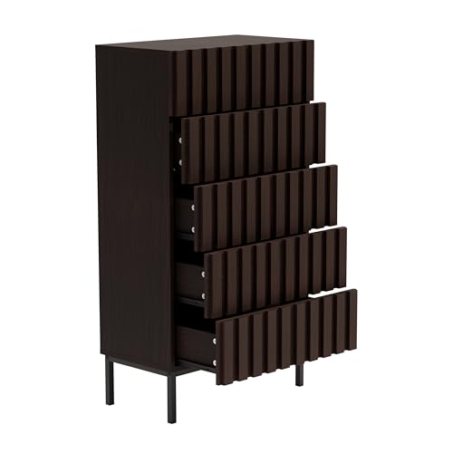 UEV Kommode mit 5 Schublanden, 60x34x110cm, Aufbewahrungskommode, Modern Schrank, Highboard, Sideboard mit Schubladen, Schmal kommode, Schrank für Wohnzimmer Schlafzimmer,Flur(Braun) von UEV