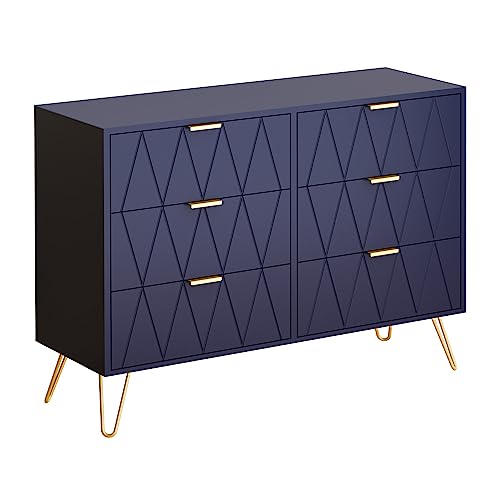 UEV Kommode mit 6 Schublanden, 100 x 34 x 73 cm, Schrank mit 6 Schubladen, Highboard, TV Schrank, Sideboard mit Schubladen, Schmal kommode, Schrank für Wohnzimmer Schlafzimmer,Flur(Blau) von UEV