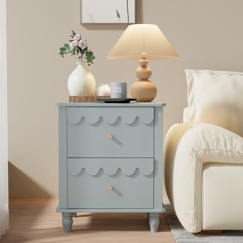 UEV Nachttisch 2er Set Boxspringbett Nachtschrank mit 2 Schubladen Nachtkommode Holz, Elegantes Design mit Wellenlinien Goldenen Griffen für Kinderzimmer Schlafzimmer Wohnzimmer 50x40x60cm Blau von UEV