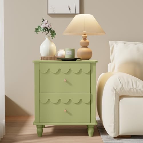 UEV Nachttisch 2er Set Boxspringbett Nachtschrank mit 2 Schubladen Nachtkommode Holz, Elegantes Design mit Wellenlinien Goldenen Griffen für Kinderzimmer Schlafzimmer Wohnzimmer 50x40x60cm Grün von UEV
