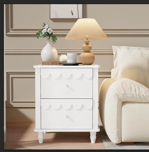 UEV Nachttisch 2er Set Boxspringbett Nachtschrank mit 2 Schubladen Nachtkommode Holz, Elegantes Design mit Wellenlinien Goldenen Griffen für Kinderzimmer Schlafzimmer Wohnzimmer 50x40x60cm Weiß von UEV