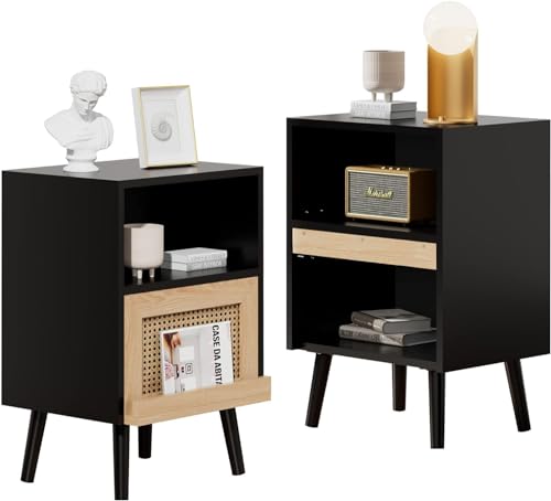 UEV Nachttisch Rattan 2er Set Boho Stil, Nachtschank Holz mit offenem Regal Beinen Sofatisch Nachtkommode nightstand Beistelltisch für Wohnzimmer Schlafzimmer, 40 x 30 x 60cm, Schwarz von UEV