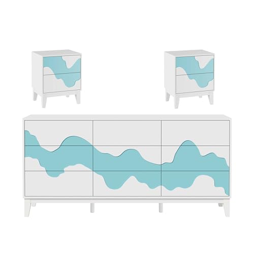 UEV Schlafzimmer Komplett-Set, 3er-Set Schlafzimmermöbel, Kommode mit 9 Schubladen und 2er-Set Nachttisch, mit, mit unregelmäßigem Wellenmuster, für Wohnzimmer Schlafzimmer weiß und blau von UEV