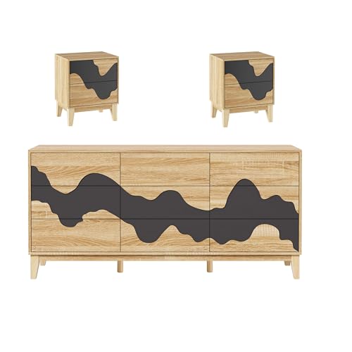 UEV Schlafzimmer Komplett-Set, 3er-Set Schlafzimmermöbel, Kommode mit 9 Schubladen und 2er-Set Nachttisch, mit unregelmäßigem Wellenmuster für Wohnzimmer Schlafzimmer Natur und schwarz von UEV