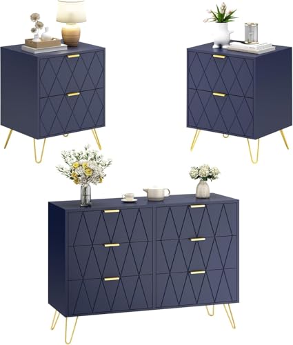 UEV Schlafzimmer Komplett-Set in blau, 3er-Set Schlafzimmermöbel, Kommode mit 6 Schubladen und 2er-Set Nachttisch, Goldene Griffe und Füße, Linienmuster, Skandinavisch für Wohnzimmer, Schlafzimmer von UEV