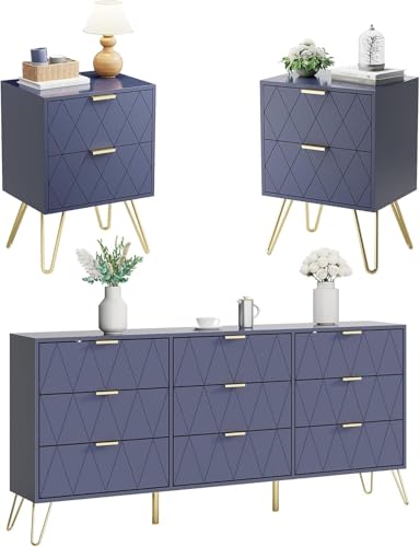 UEV Schlafzimmer Komplett-Set in blau, 3er-Set Schlafzimmermöbel, Kommode mit 9 Schubladen und 2er-Set Nachttisch, Goldene Griffe und Füße, Linienmuster, Skandinavisch für Wohnzimmer, Schlafzimmer von UEV