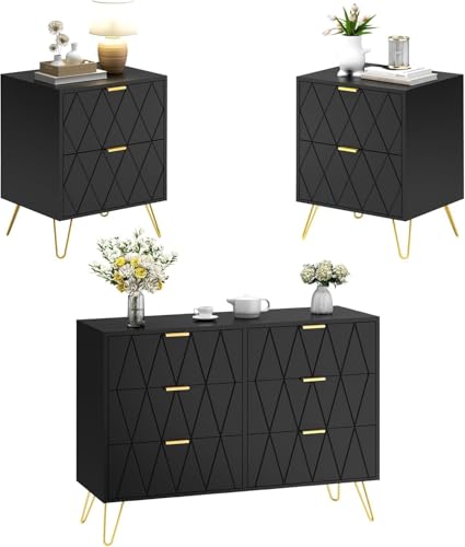 UEV Schlafzimmer Komplett-Set in schwarz, 3er-Set Schlafzimmermöbel, Kommode mit 6 Schubladen und 2er-Set Nachttisch, Goldene Griffe und Füße, Linienmuster, Skandinavisch für Wohnzimmer, Schlafzimmer von UEV