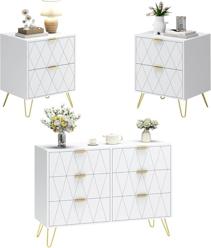 UEV Schlafzimmer Komplett-Set in weiß, 3er-Set Schlafzimmermöbel, Kommode mit 6 Schubladen und 2er-Set Nachttisch, Goldene Griffe und Füße, Linienmuster, Skandinavisch für Wohnzimmer, Schlafzimmer von UEV