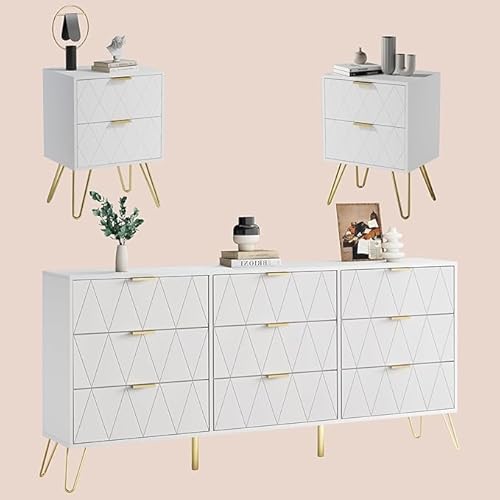 UEV Schlafzimmer Komplett-Set in weiß, 3er-Set Schlafzimmermöbel, Kommode mit 9 Schubladen und 2er-Set Nachttisch, Goldene Griffe und Füße, Linienmuster, Skandinavisch für Wohnzimmer, Schlafzimmer von UEV