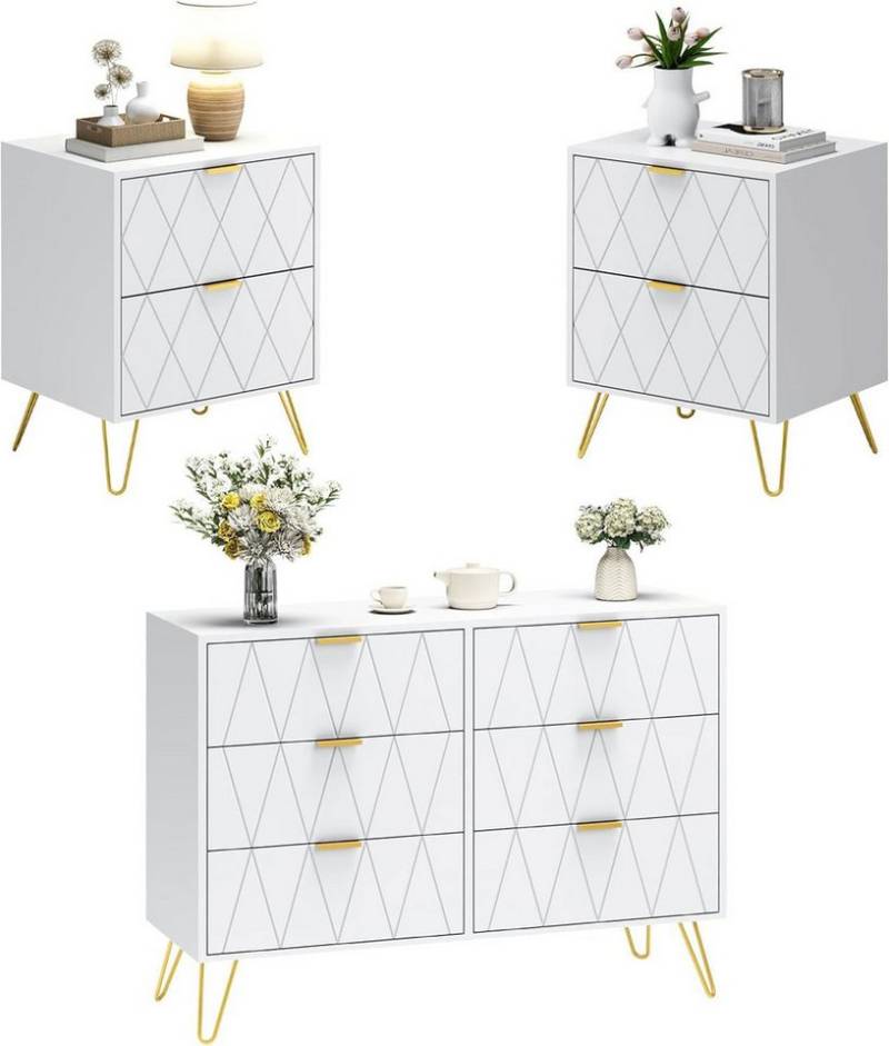 UEV Schlafzimmer-Set, 3er-Set Schlafzimmermöbel, Sparset Jugendzimmer-Set, (Kommode mit 6 Schubladen und 2er-Set Nachttisch, Modern Linienmuster, Skandinavisch Goldene Griffe und Füße), Schublade mit Soft-close, Sideboard mit Kisppschutz von UEV