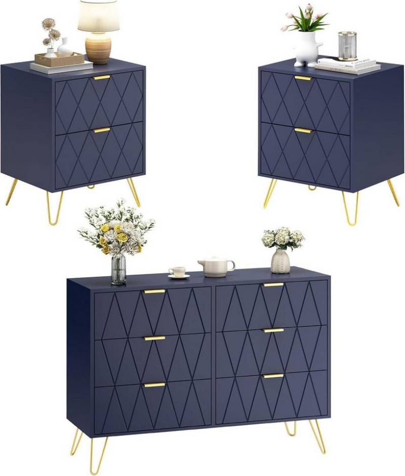 UEV Schlafzimmer-Set, 3er-Set Schlafzimmermöbel, Sparset Jugendzimmer-Set, (Kommode mit 6 Schubladen und 2er-Set Nachttisch, Modern Linienmuster, Skandinavisch Goldene Griffe und Füße), Schublade mit Soft-close, Sideboard mit Kisppschutz von UEV