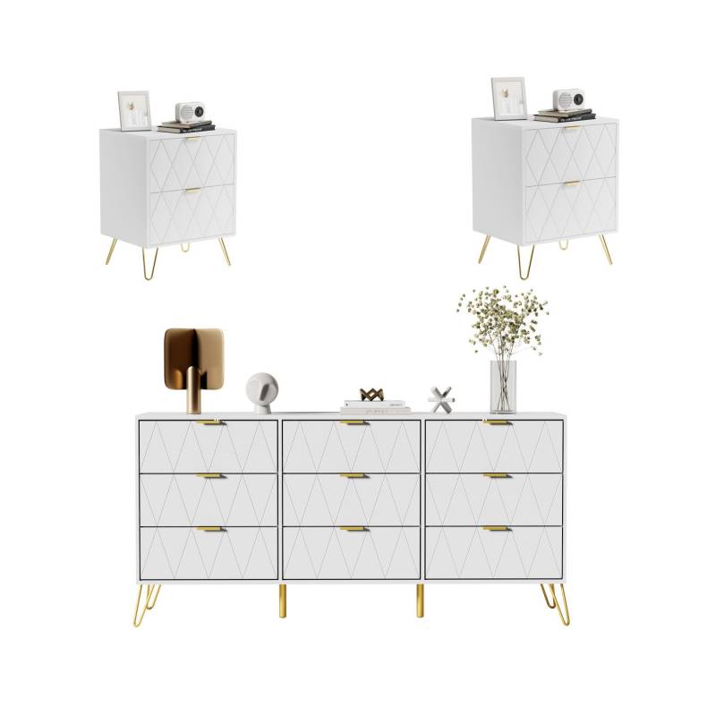 UEV Schlafzimmer-Set 3er-Set Schlafzimmermöbel, Möbelset im skandinavischen Stil, (Modern Linienmuster, Kommode mit 9 Schubladen und 2er-Set Nachttisch), Schrank mit Kippschutz, Goldene Griffe und Füße, Soft-close von UEV