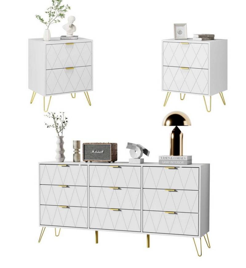 UEV Schlafzimmer-Set 3er-Set Schlafzimmermöbel, Möbelset im skandinavischen Stil, (Modern Linienmuster, Kommode mit 9 Schubladen und 2er-Set Nachttisch), Schrank mit Kippschutz, Goldene Griffe und Füße, Soft-close von UEV