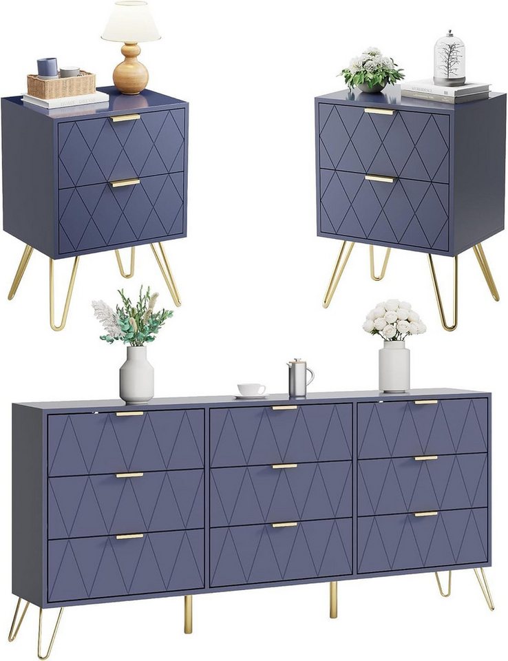 UEV Schlafzimmer-Set 3er-Set Schlafzimmermöbel, Möbelset im skandinavischen Stil, (Modern Linienmuster, Kommode mit 9 Schubladen und 2er-Set Nachttisch), Schrank mit Kippschutz, Goldene Griffe und Füße, Soft-close von UEV