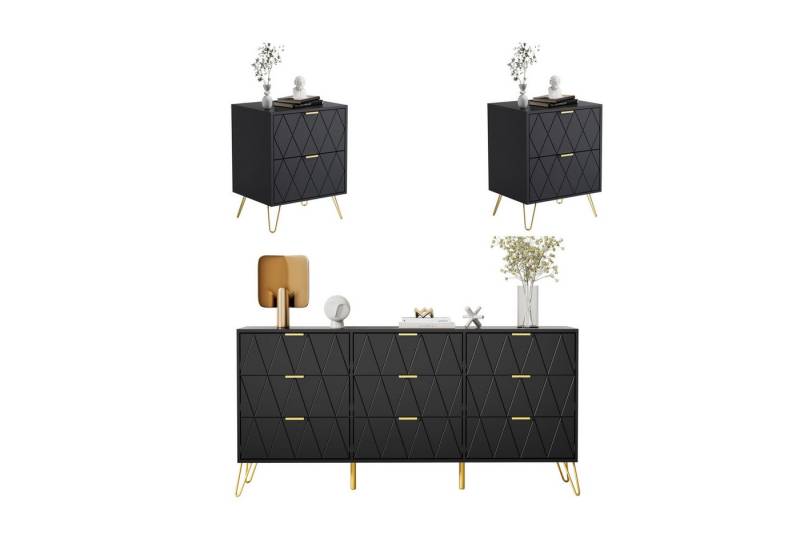 UEV Schlafzimmer-Set 3er-Set Schlafzimmermöbel, Möbelset im skandinavischen Stil, (Modern Linienmuster, Kommode mit 9 Schubladen und 2er-Set Nachttisch), Schrank mit Kippschutz, Goldene Griffe und Füße, Soft-close von UEV
