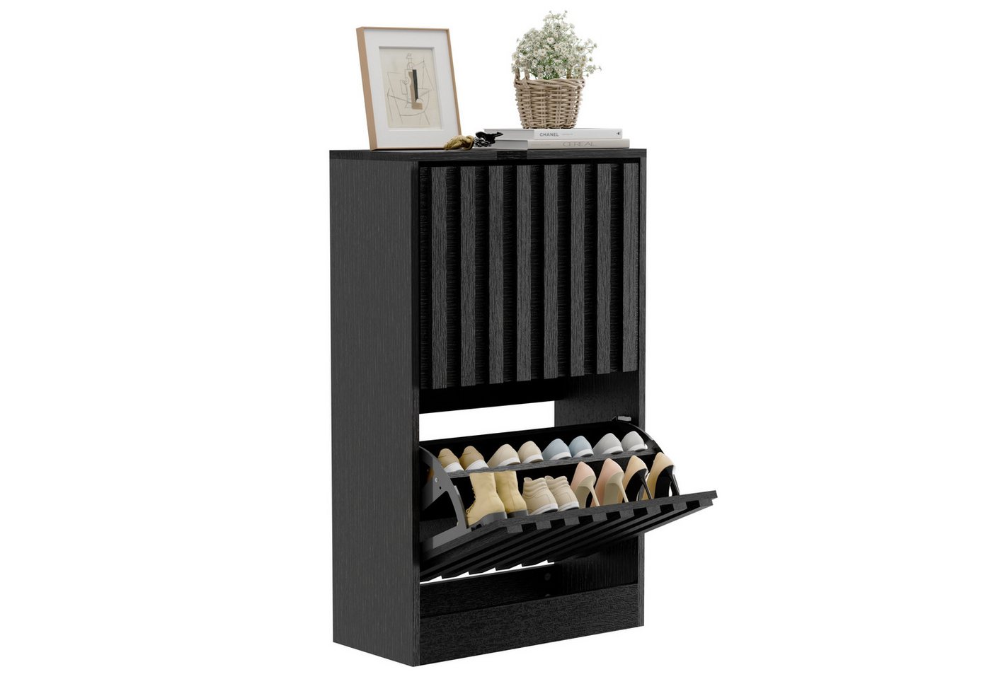 UEV Schuhschrank mit 2 Klappen Schuhregal Schukipper schmal platzsparend (Anti-Kipp-Vorrichtung für Eingangsbereich, Modern Schuhaufbewahrung mit Oberplatte Platzsparend, Schuhkommode) Trennwände verstellbar und abnehmbar für verschiedene Schuhtypen von UEV